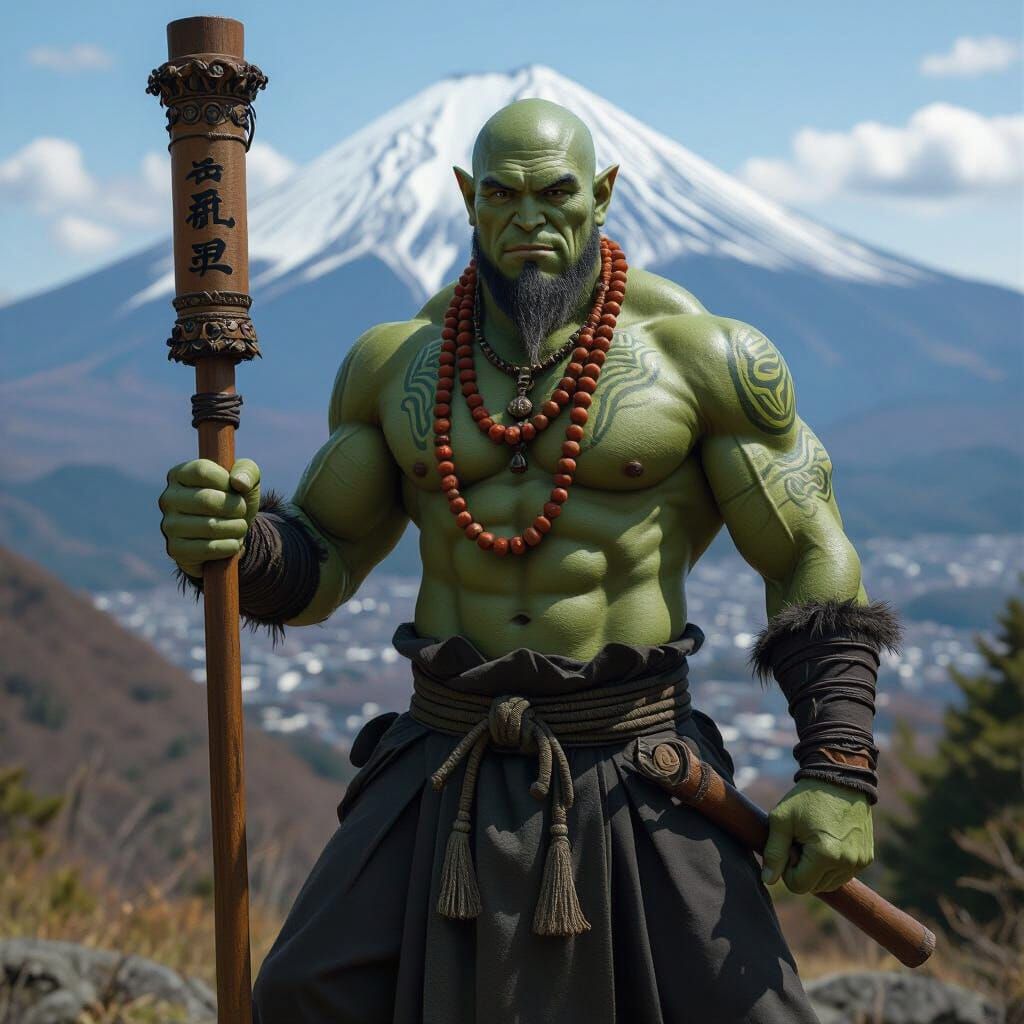 Green-Skinned Half-Orc Monk in Fujiyama Landscape