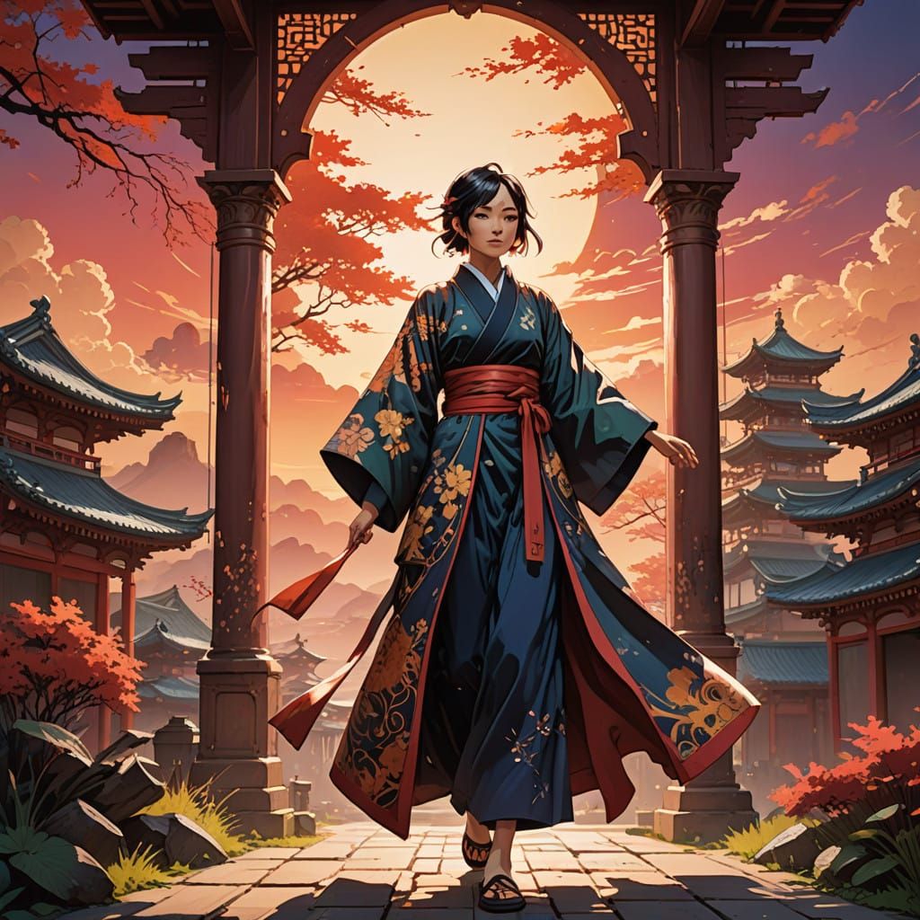 Woman in Ornate Robe Poses Before Vibrant Sunrise in Dynamic...