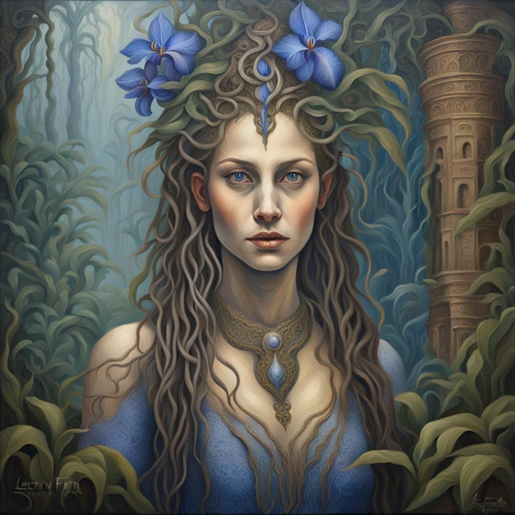 Portrait of a beastie woman in jungle, painting by Leonor Fi...