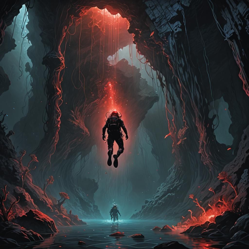 Dark Fantasy Diver in Underwater Cave