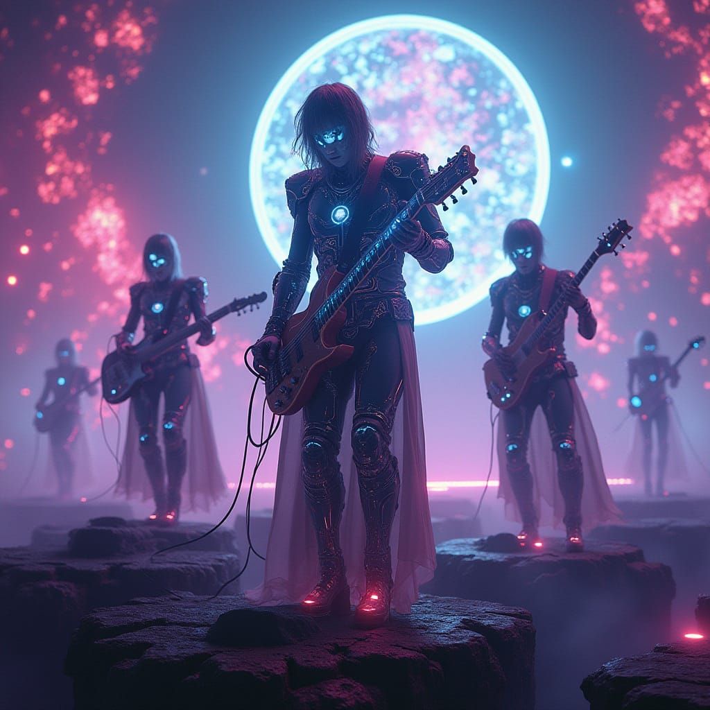 Cyberpunk Rock Band in Neon-Lit Futuristic Stage