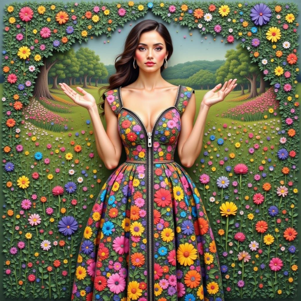 Floral Woman in Zippered Frame, Impressionist Style