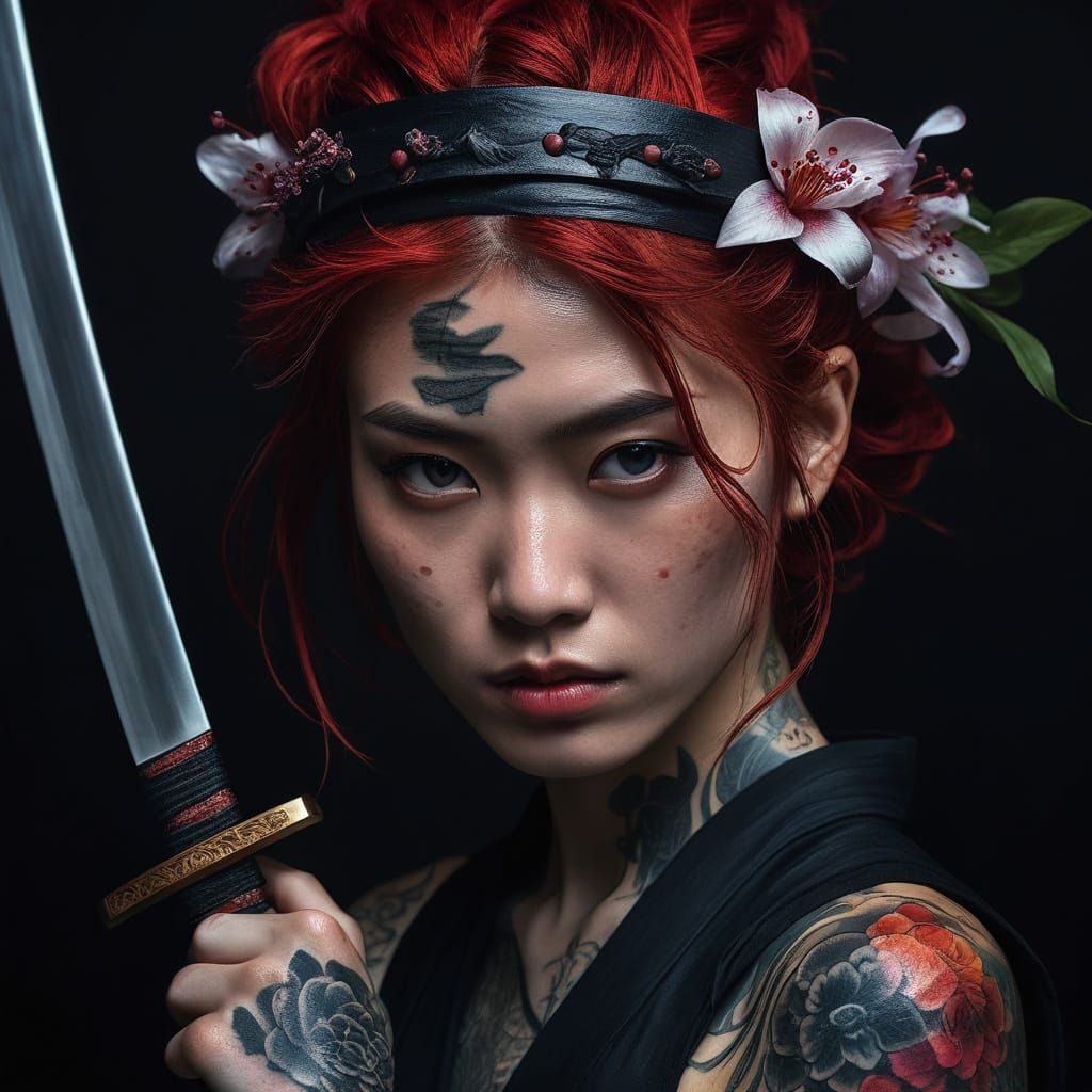 Hyperrealist Gothic Warrior with Intricate Tattoos and Flora...
