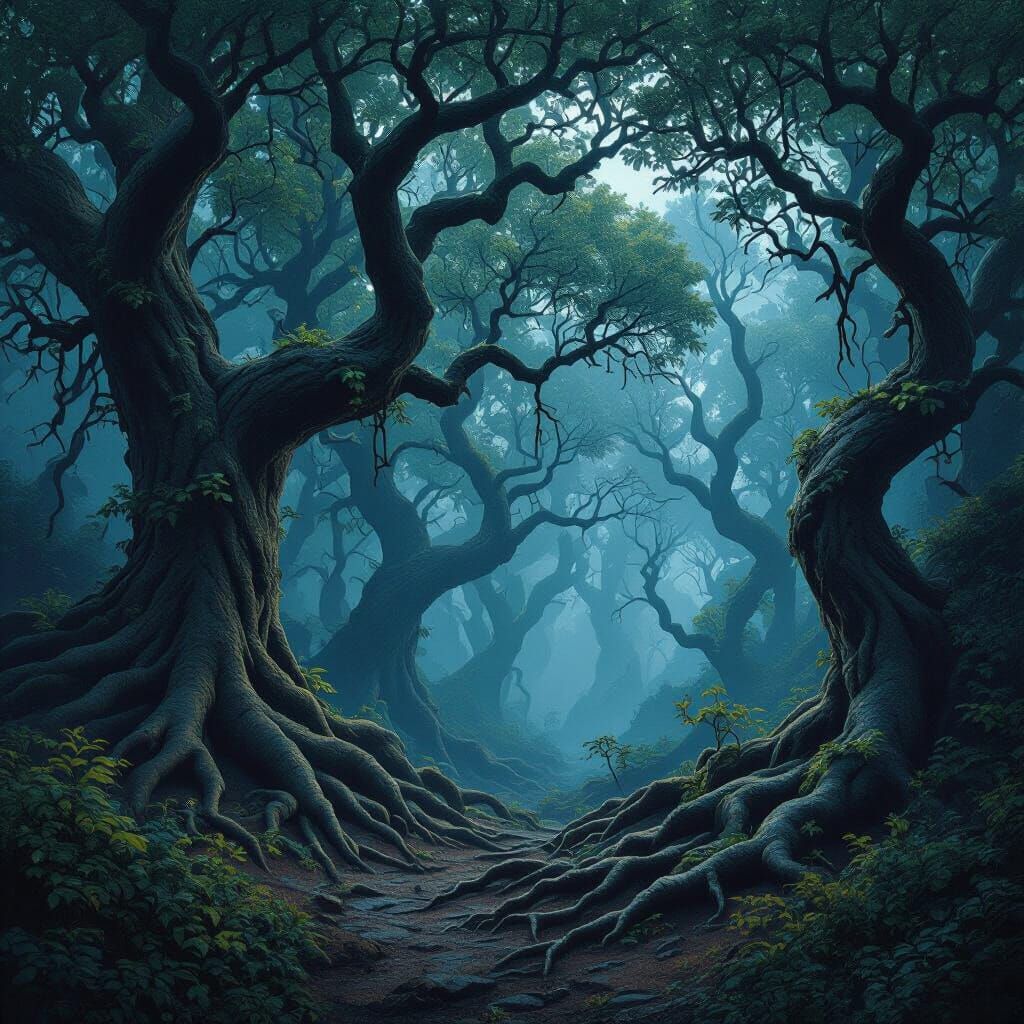 Dark Mystical Forest in Matte Painting Style