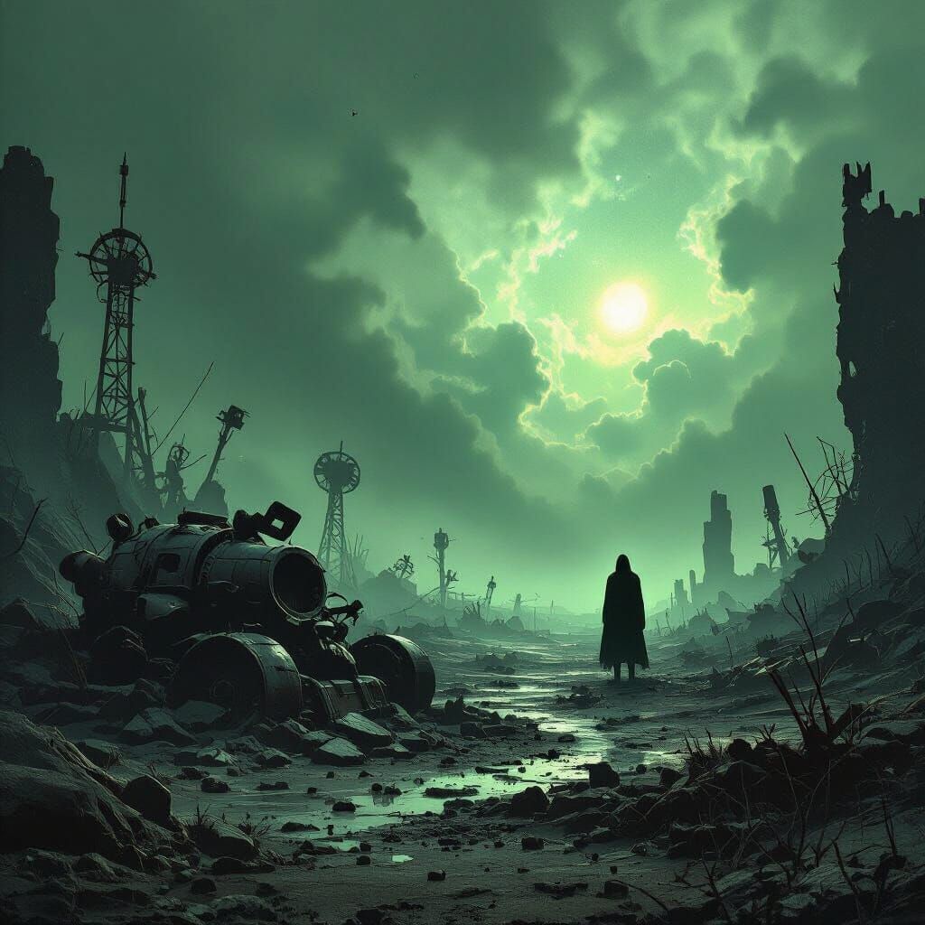 Eerie Battlefield Glow with Shadowy Figure