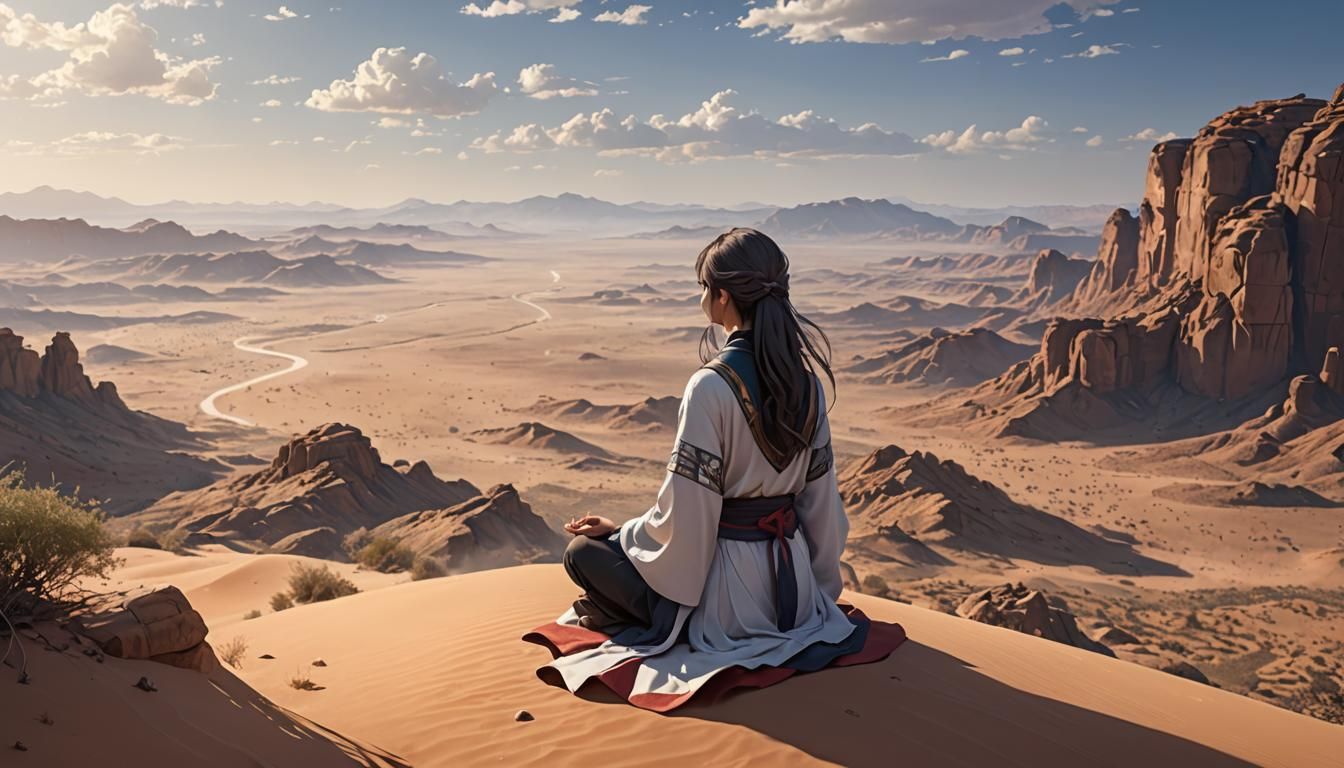 Girl Meditating in Desert Landscape: 3D Anime Art