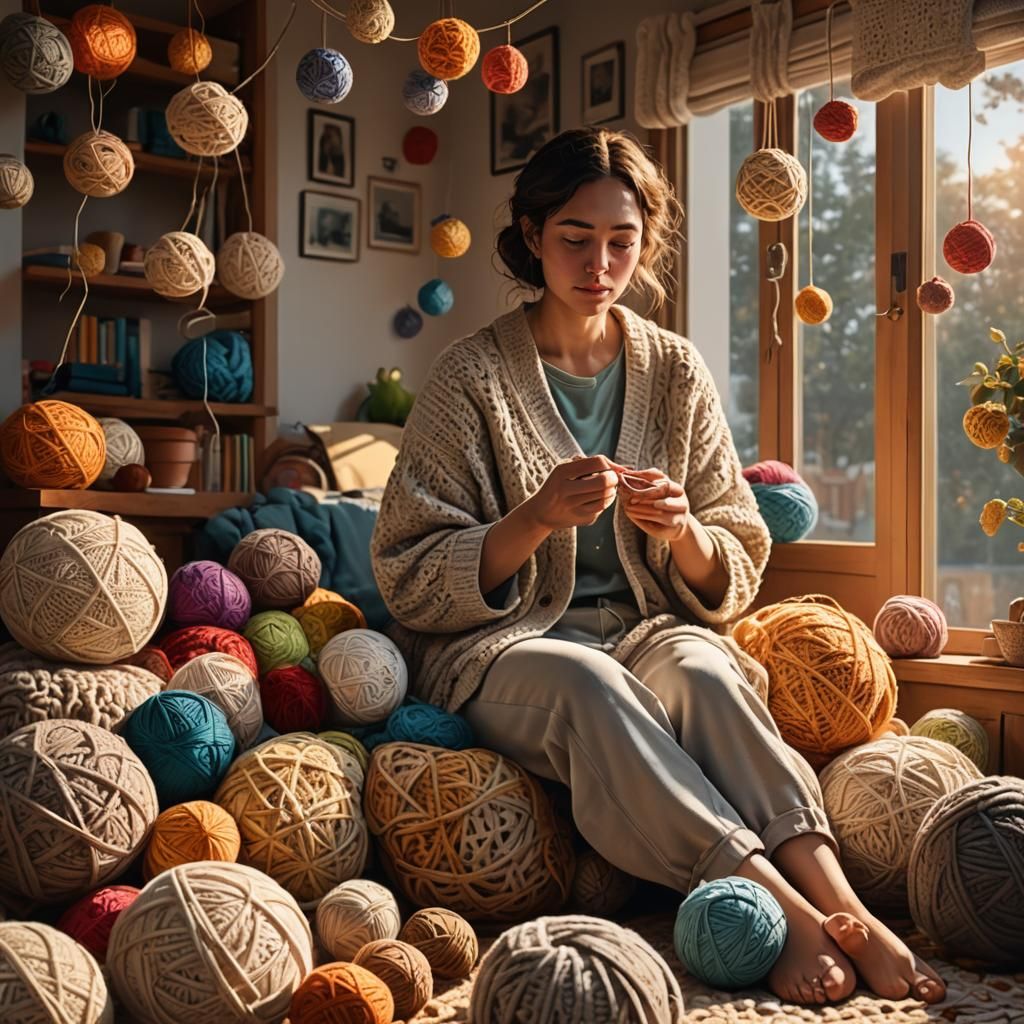 Woman Crocheting in Cozy Room: Digital Art