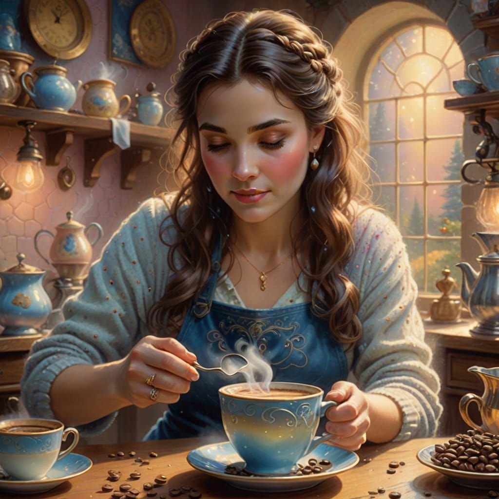 Ethereal Woman Making Coffee in Kinkade Style
