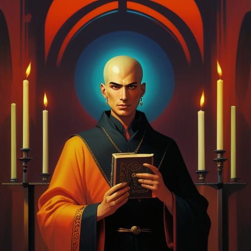 Surreal Mystic Interprets Ancient Symbols in Vibrant Orange...