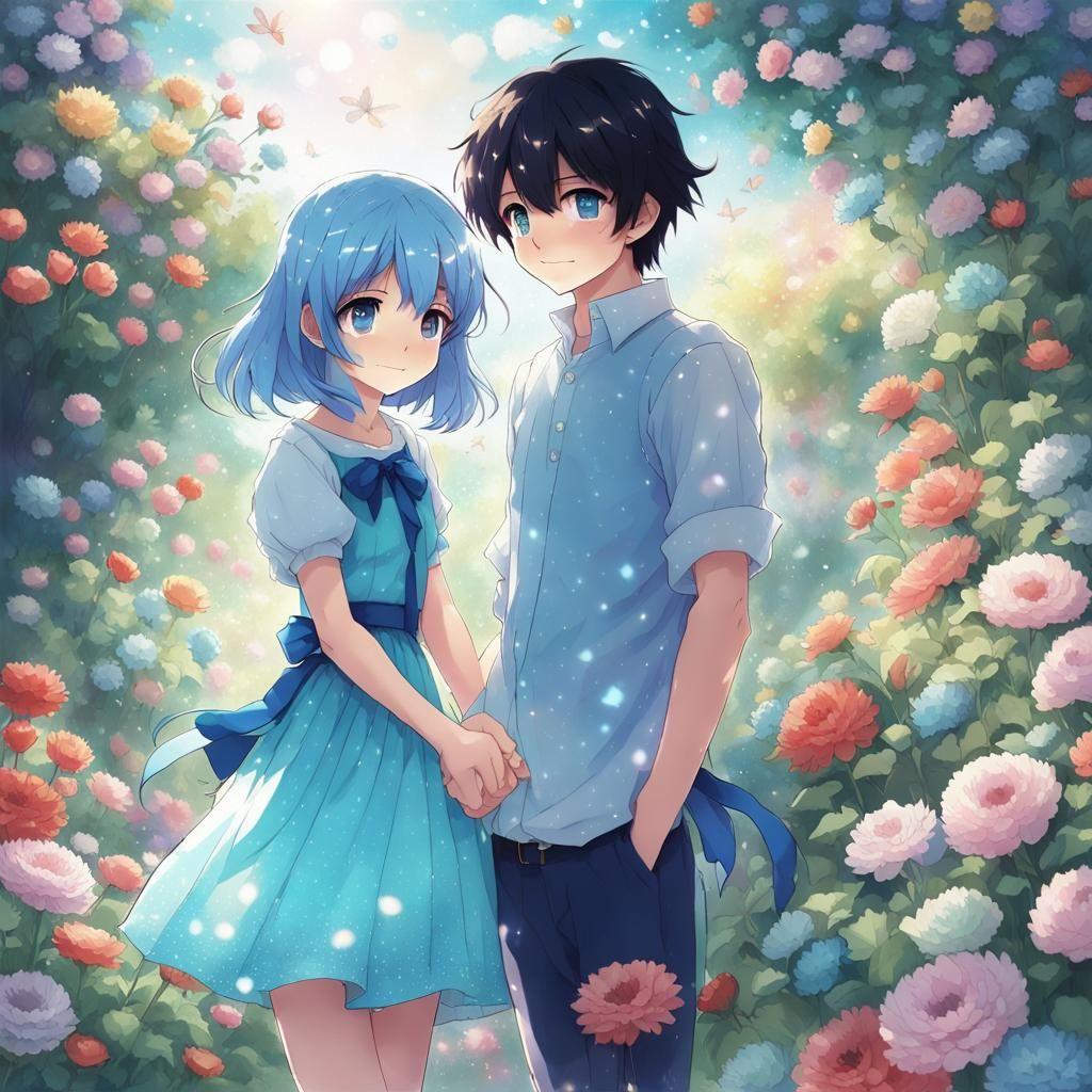 Teenage Couple Holding Hands in Anime Style