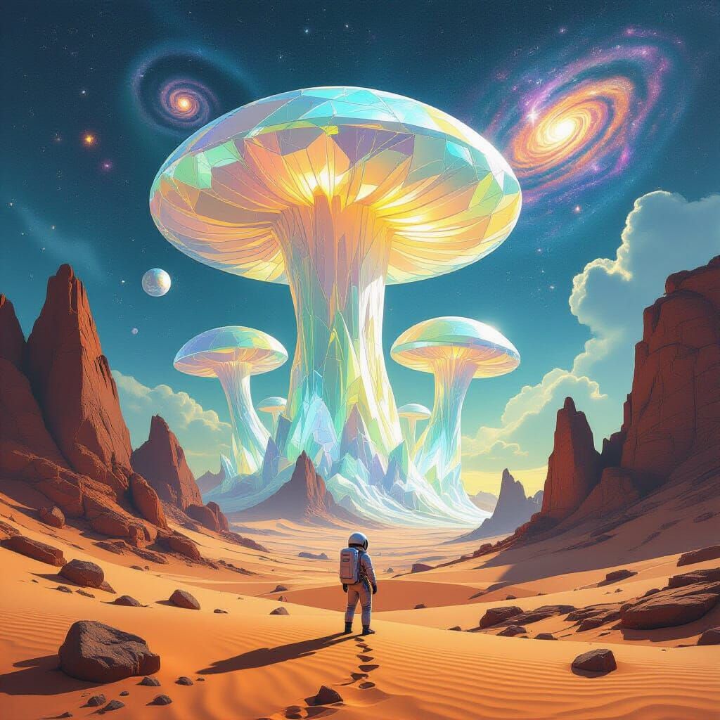 Giant Crystal Mushrooms in Galactic Desert Landscape