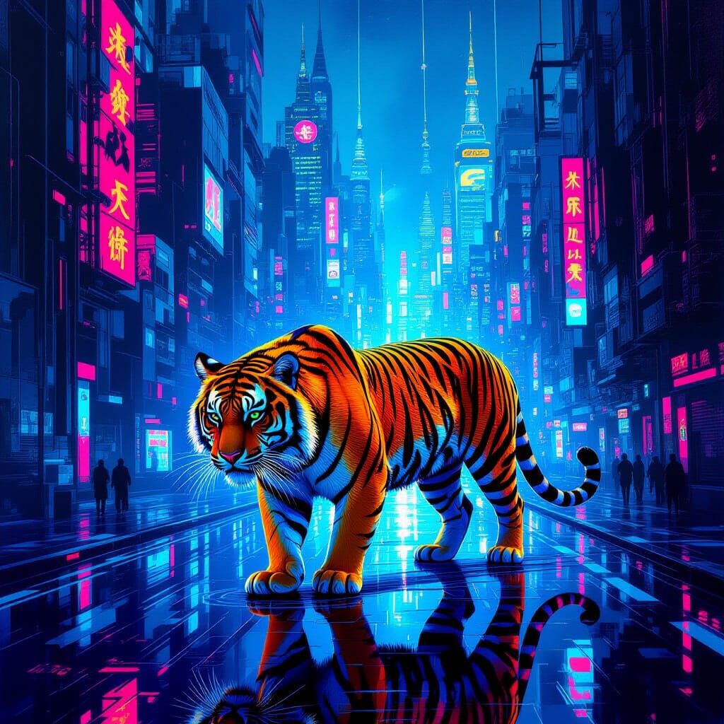 Cyberpunk Tiger in a Neon Cityscape Oil Painting