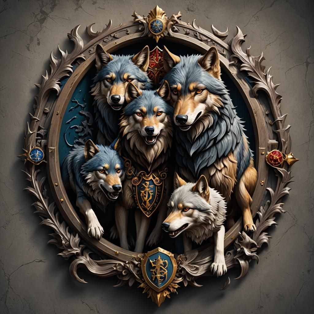 Fantasy Family Crest with Three Wolves