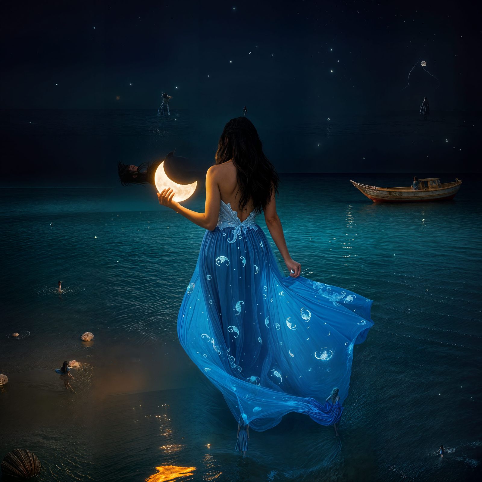 Glowing Woman with Moon on Bioluminescent Beach
