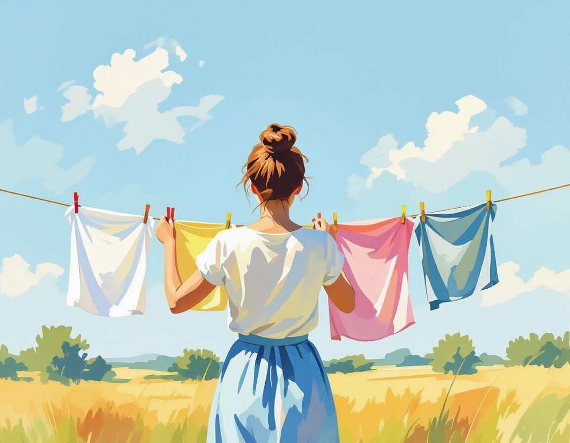 Woman Hanging Laundry Outdoors in Watercolor Style