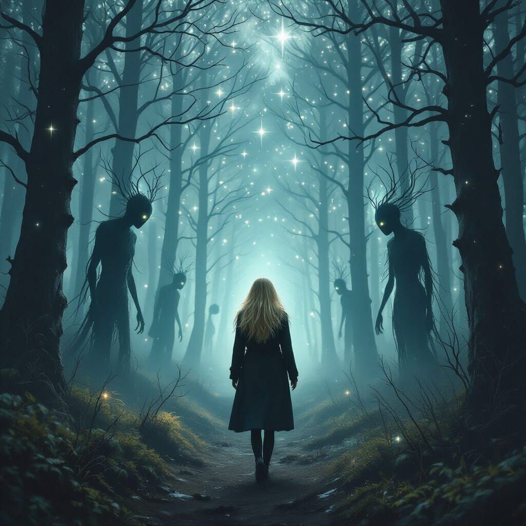 Mystical Forest Walk at Night in Surreal Style