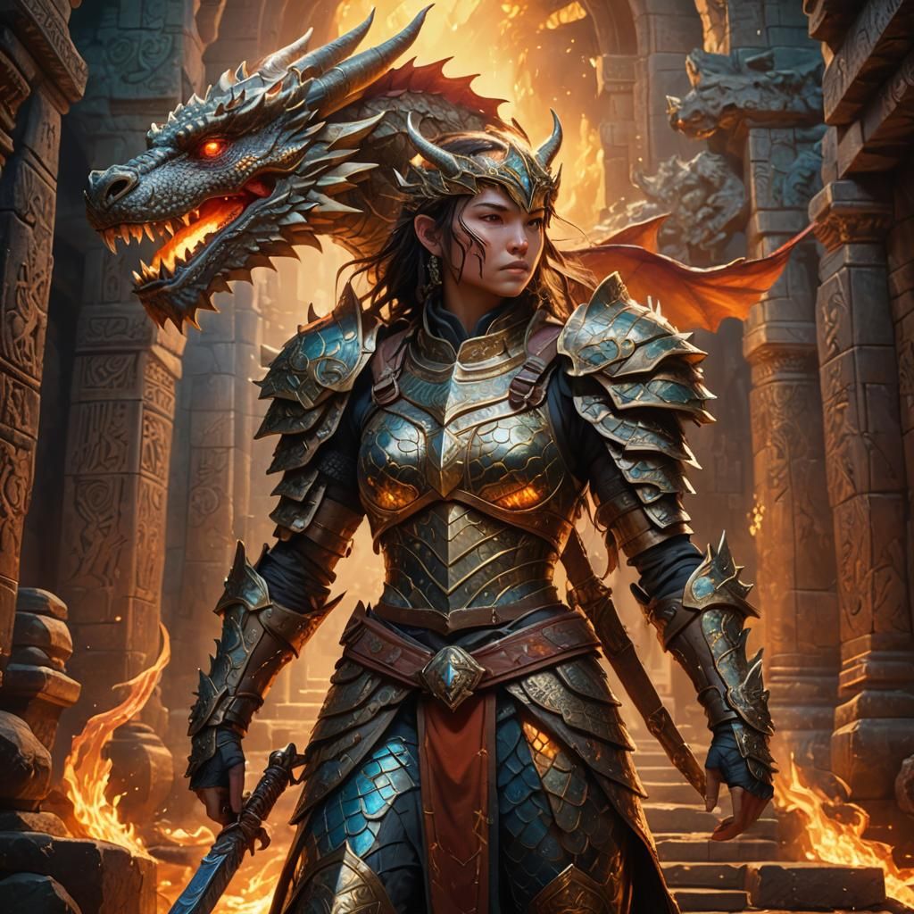 Ancient Dragon Warrior Basks in Vibrant Temple Flames