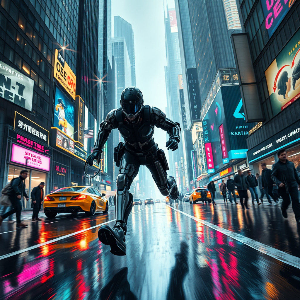 Cyborg Cop Pursues Criminal in Neon Cityscape