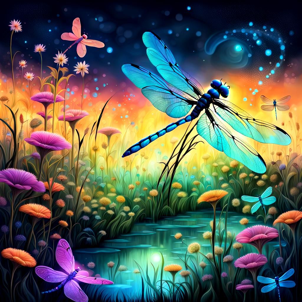 Bioluminescent Dragonflies in Fantasy Dreamscape