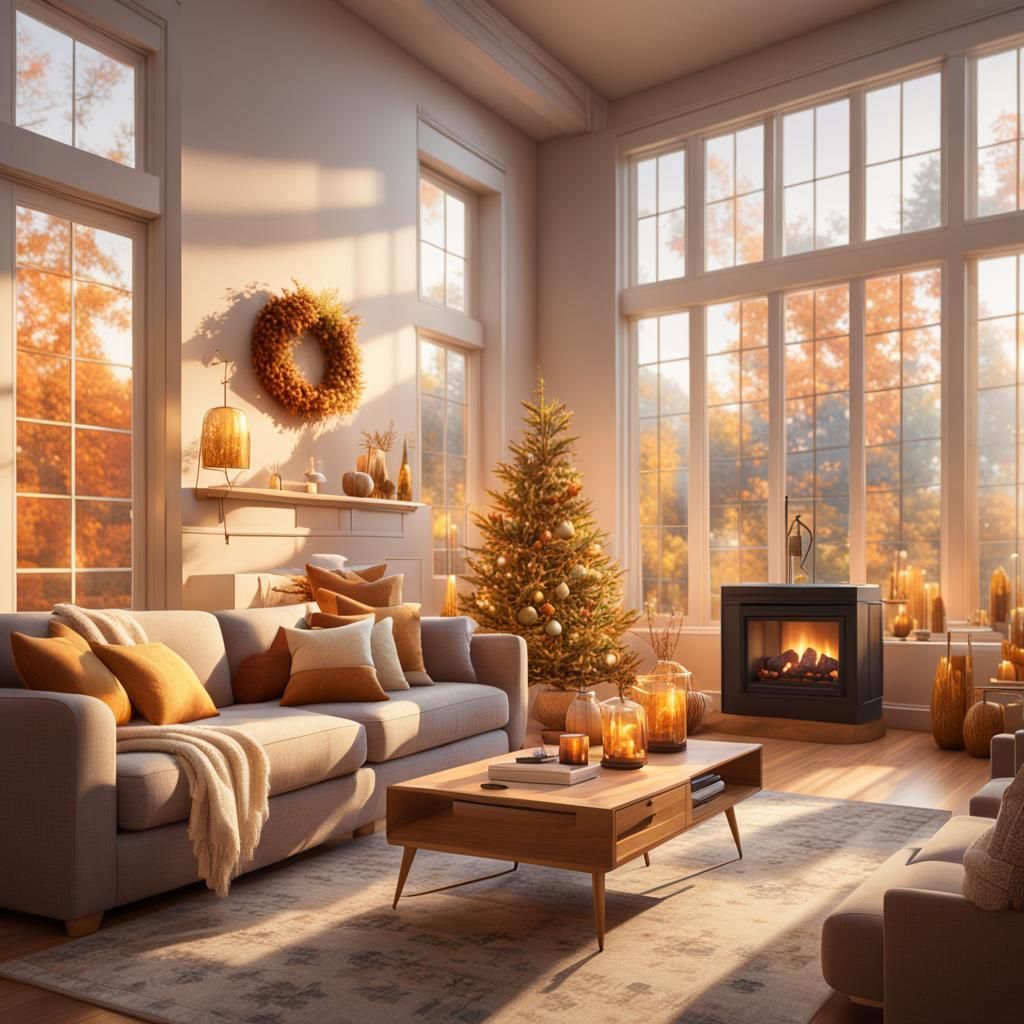 Cozy Modern Living Room in Golden Hour Sunlight