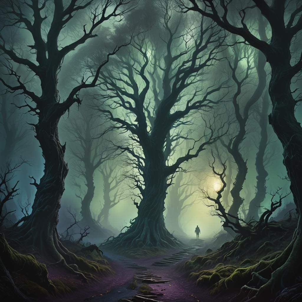 Eerie Midnight Forest Path in Dark Fantasy Style