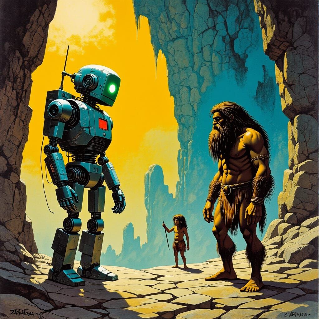Robot Meets Caveman in Dark Fantasy Art Style