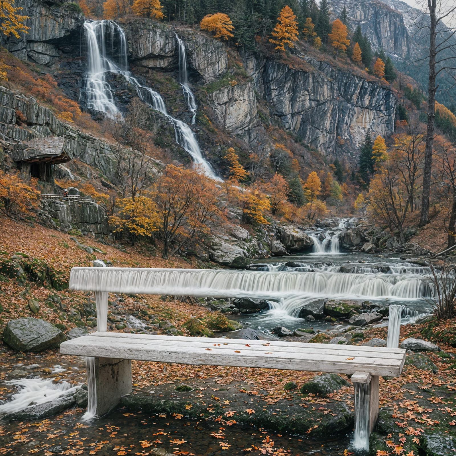 Autumn Park with Waterfall and Snowy Mountain