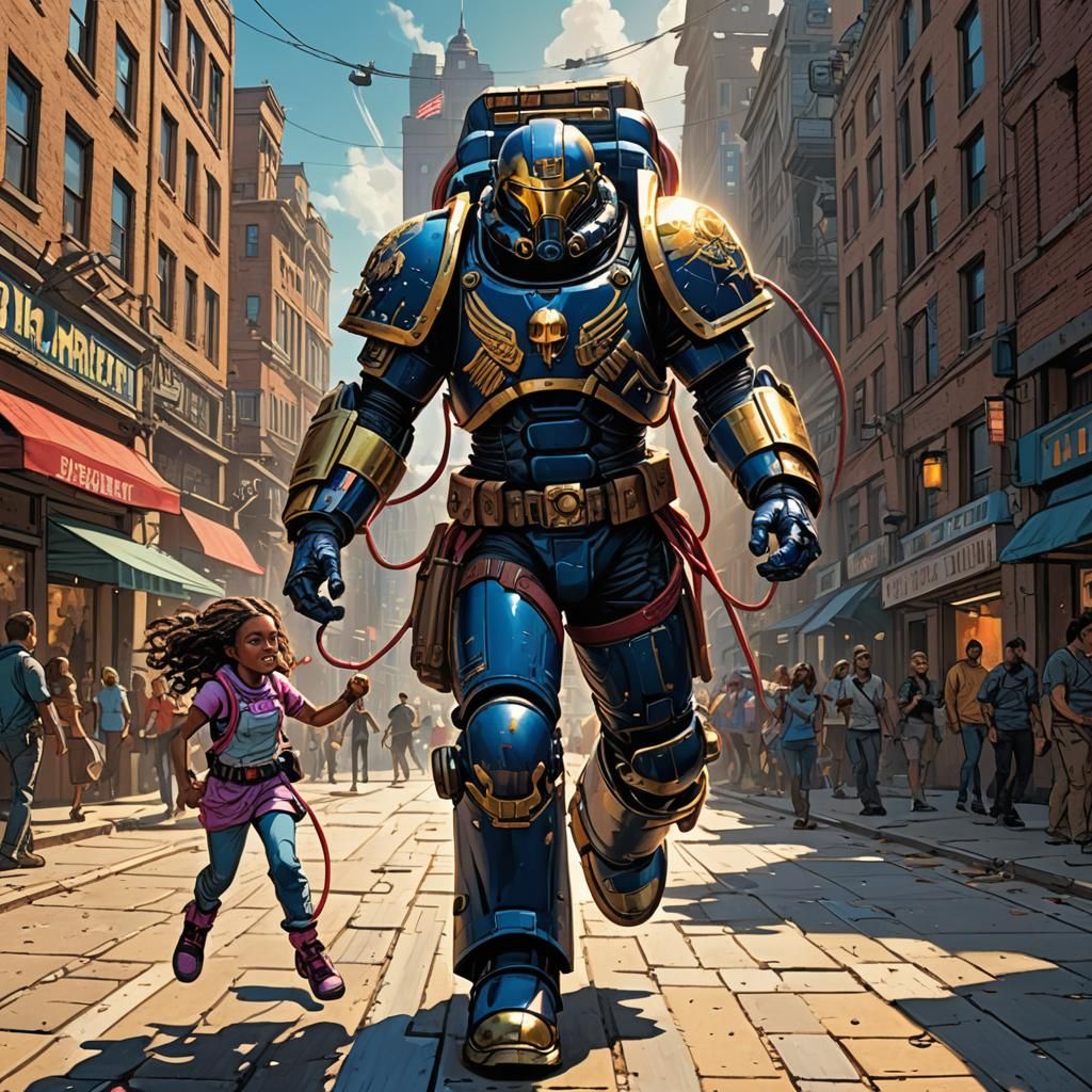 Space Marine and Girl Skip Rope: Comic Book Art