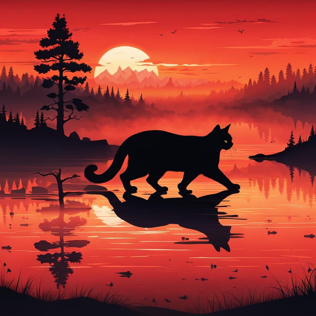 Scrolls, Black Cat Silhouette, Vector Style Sunset