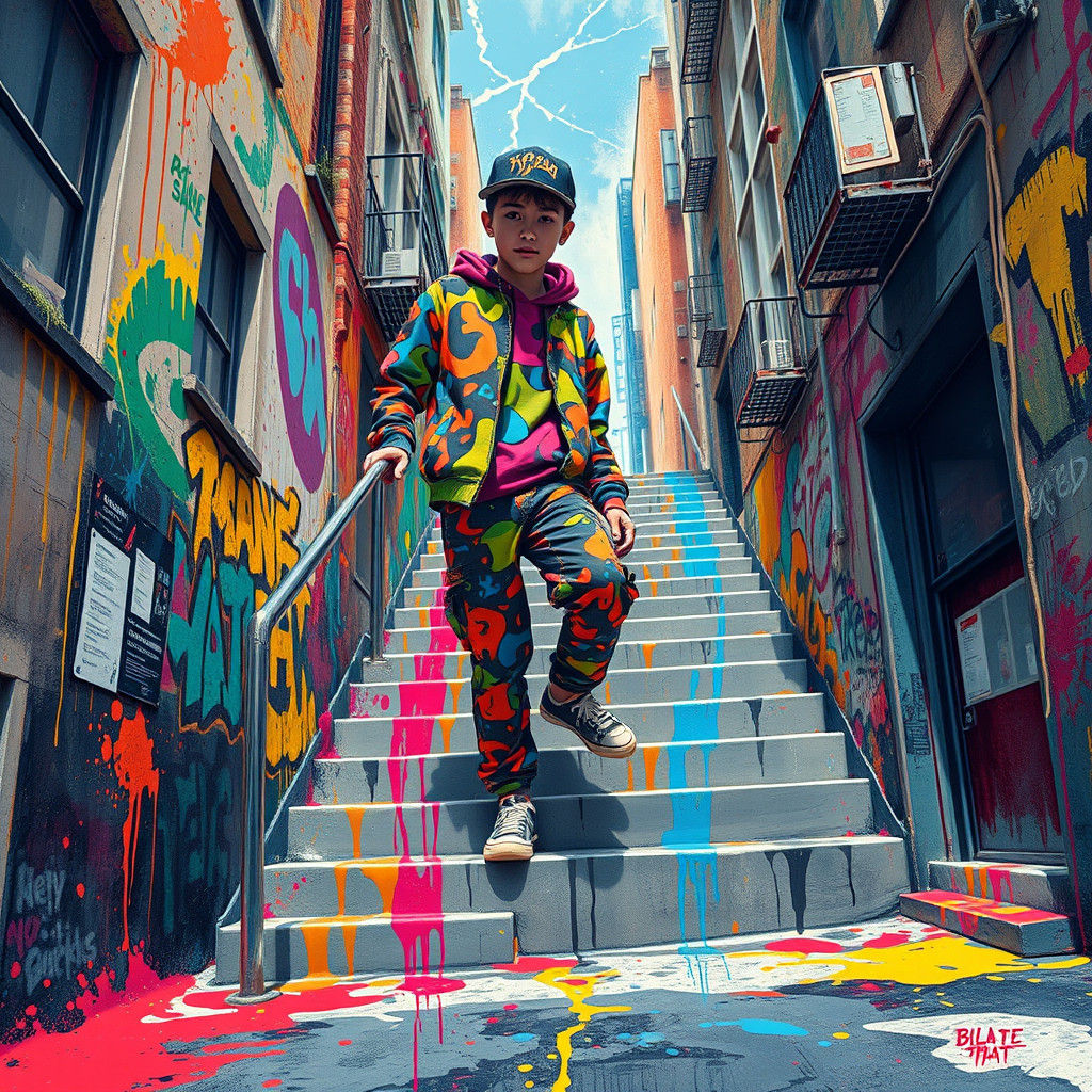 Graffiti Youth Climbing Polychromatic Stairs