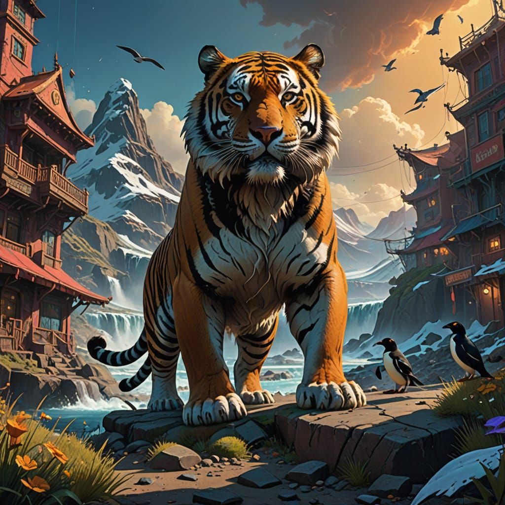 Majestic Tiger Penguin Hybrid in Fantasy Landscape