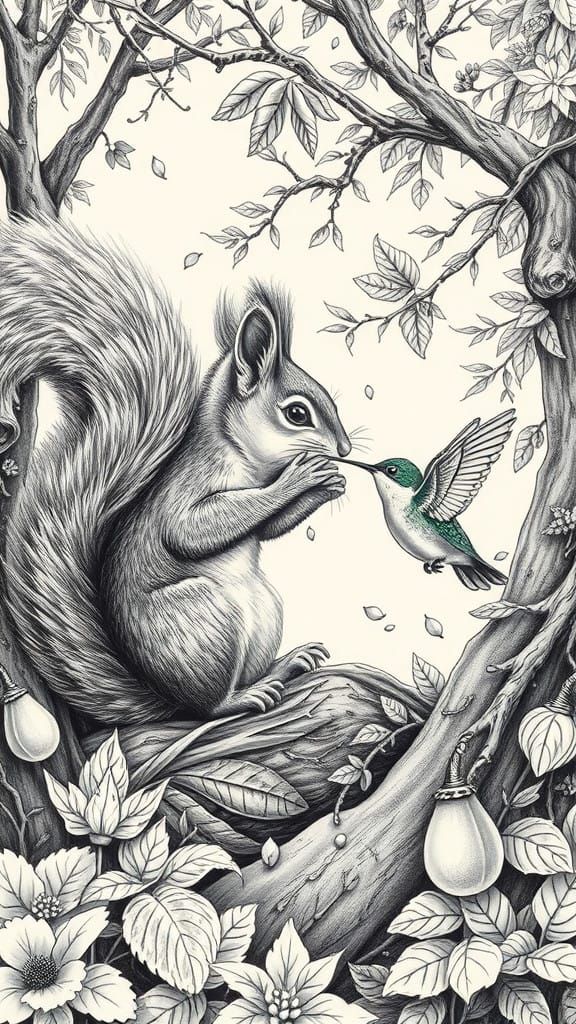 Detailed Squirrel and Hummingbird in Fineline Tattoo Style