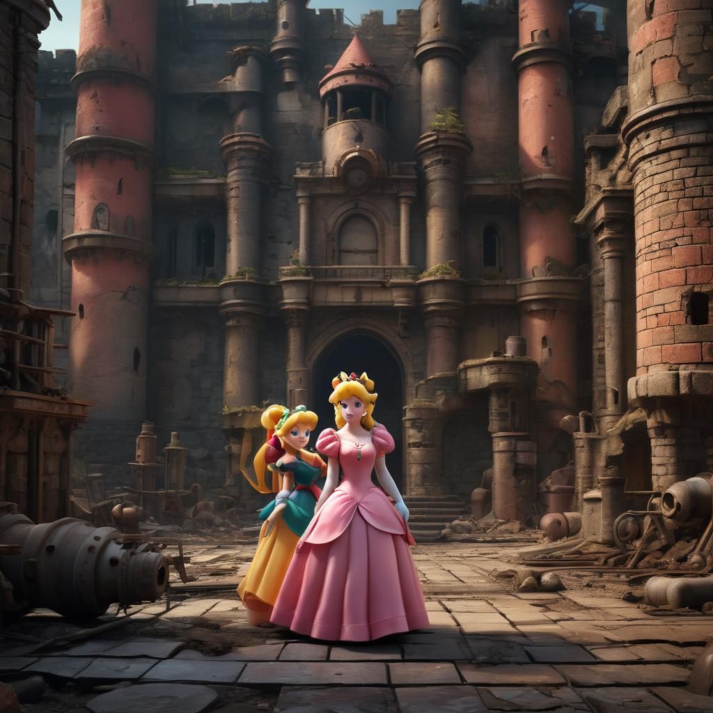 Princess Peach and Yoshi in Dark Fantasy Ruins