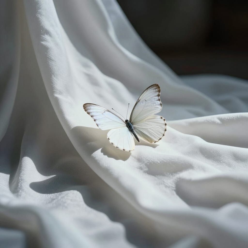 Ethereal White Butterfly on Silk Waves in Dramatic Light