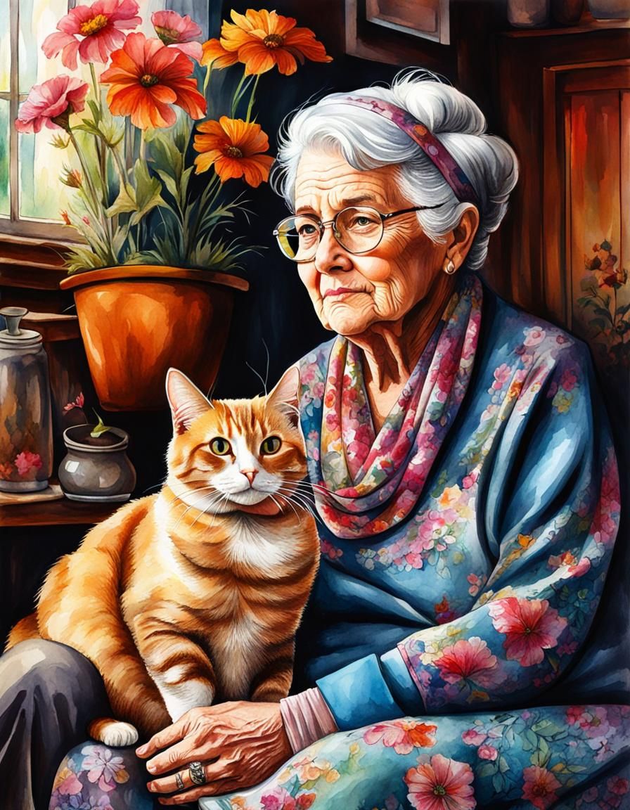 Charming Grandma and Cat Portrait in Watercolor