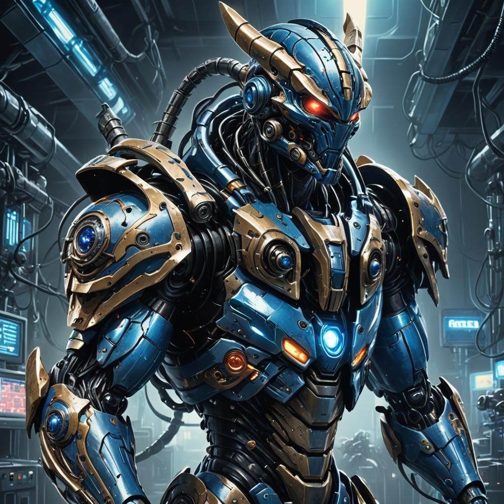 Cybernetic Bio-Creature Roaring in Sci-Fi Lab