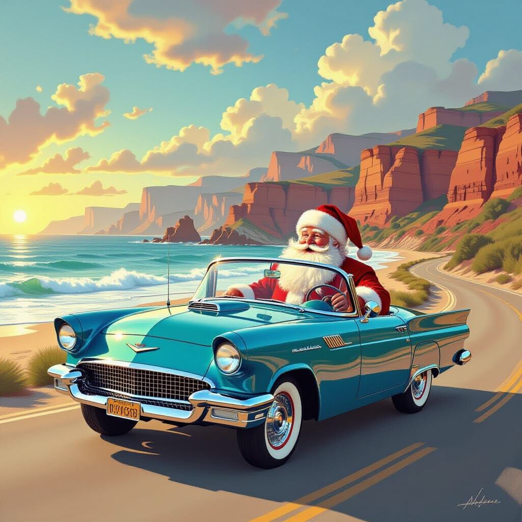 Santa Drives Metallic Blue Convertible Through Canyon Beach