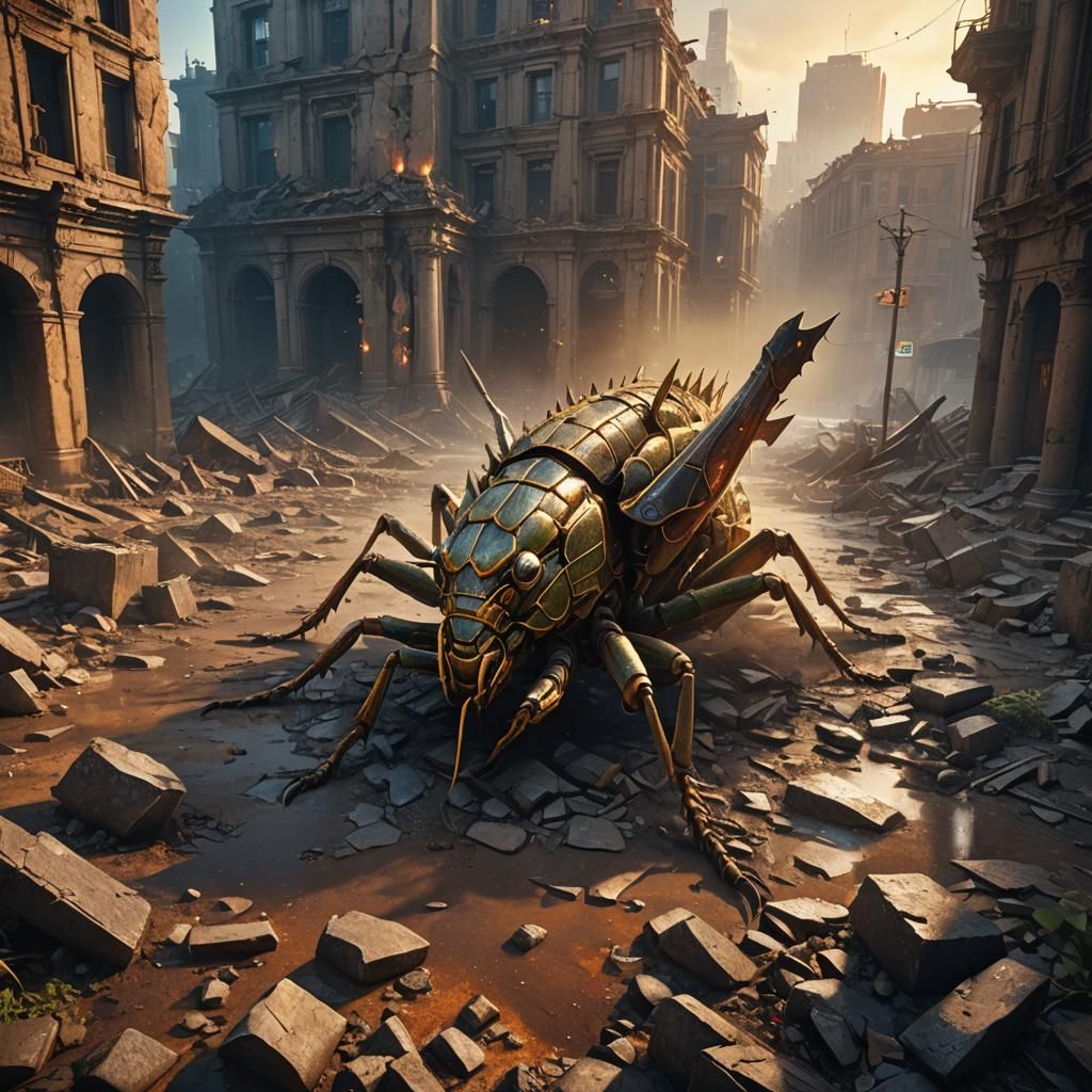 Locust Emerges in Ruined Cityscape: Dark Fantasy Art