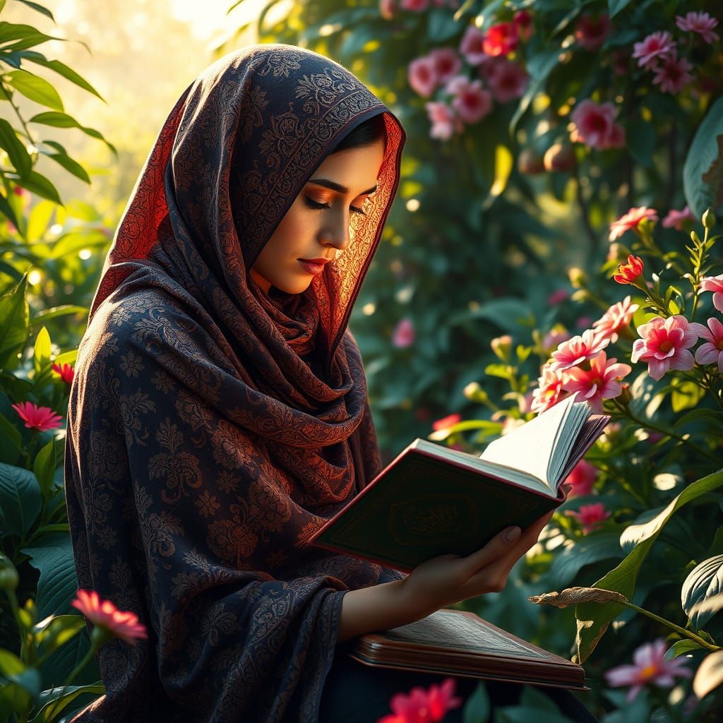 Elegant Woman in Lush Garden Reading the Quran