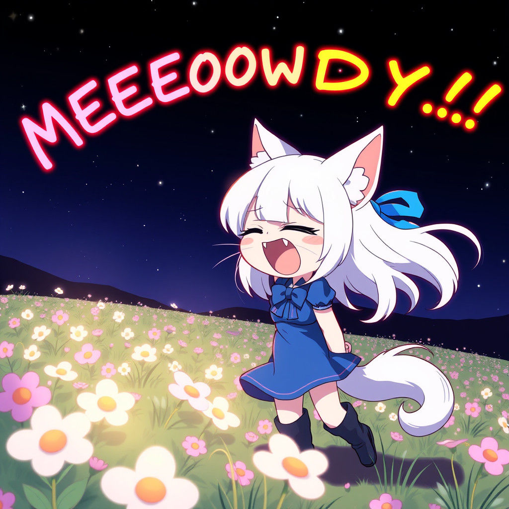 Synthwave Anime Catgirl Shouts in a Flowery Field at Night