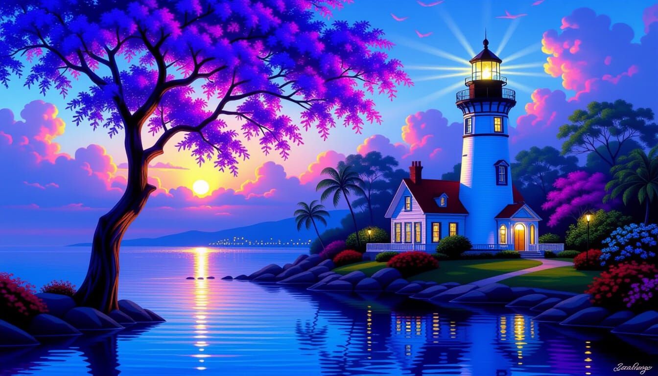Bioluminescent Lighthouse in Jacaranda Hues