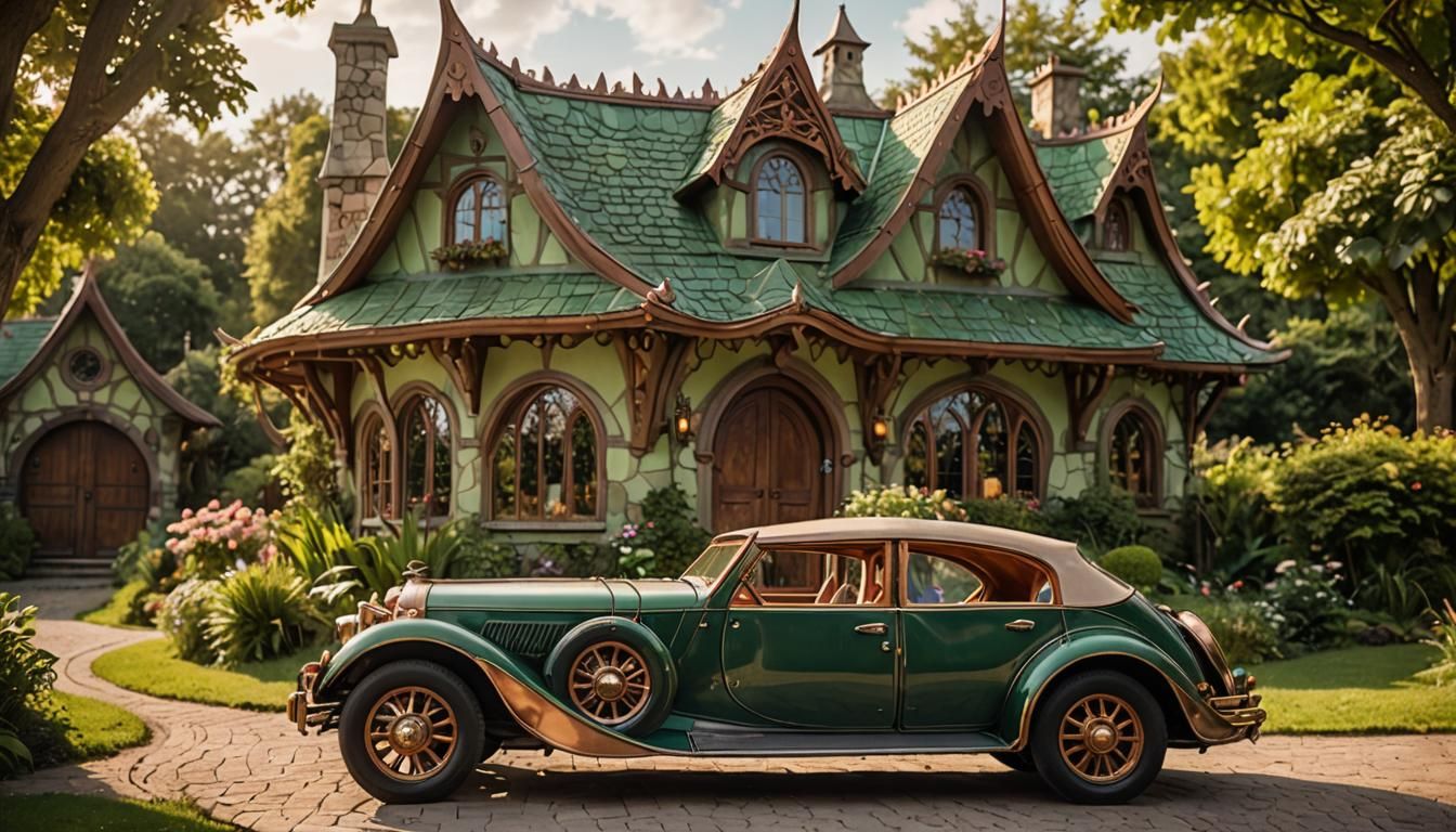 Elven Car and Cottage in Lush Green Landscape