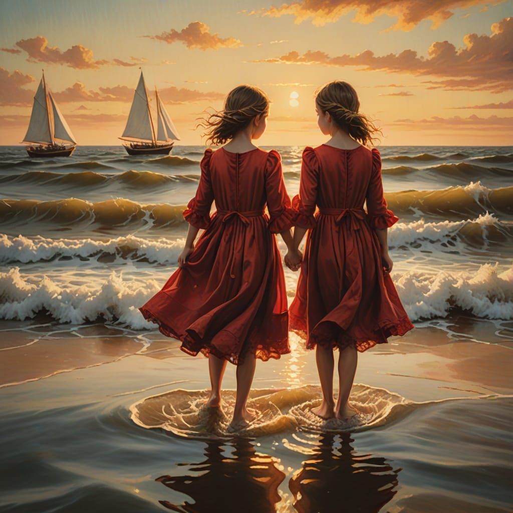 Twin Girls in Red Dresses by the Ocean