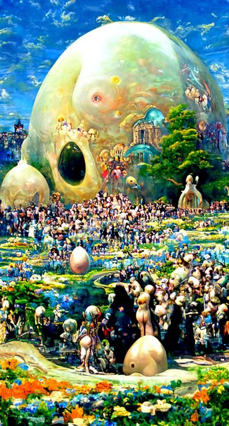 Robotic Embryo Worship in Surreal Landscape Painting