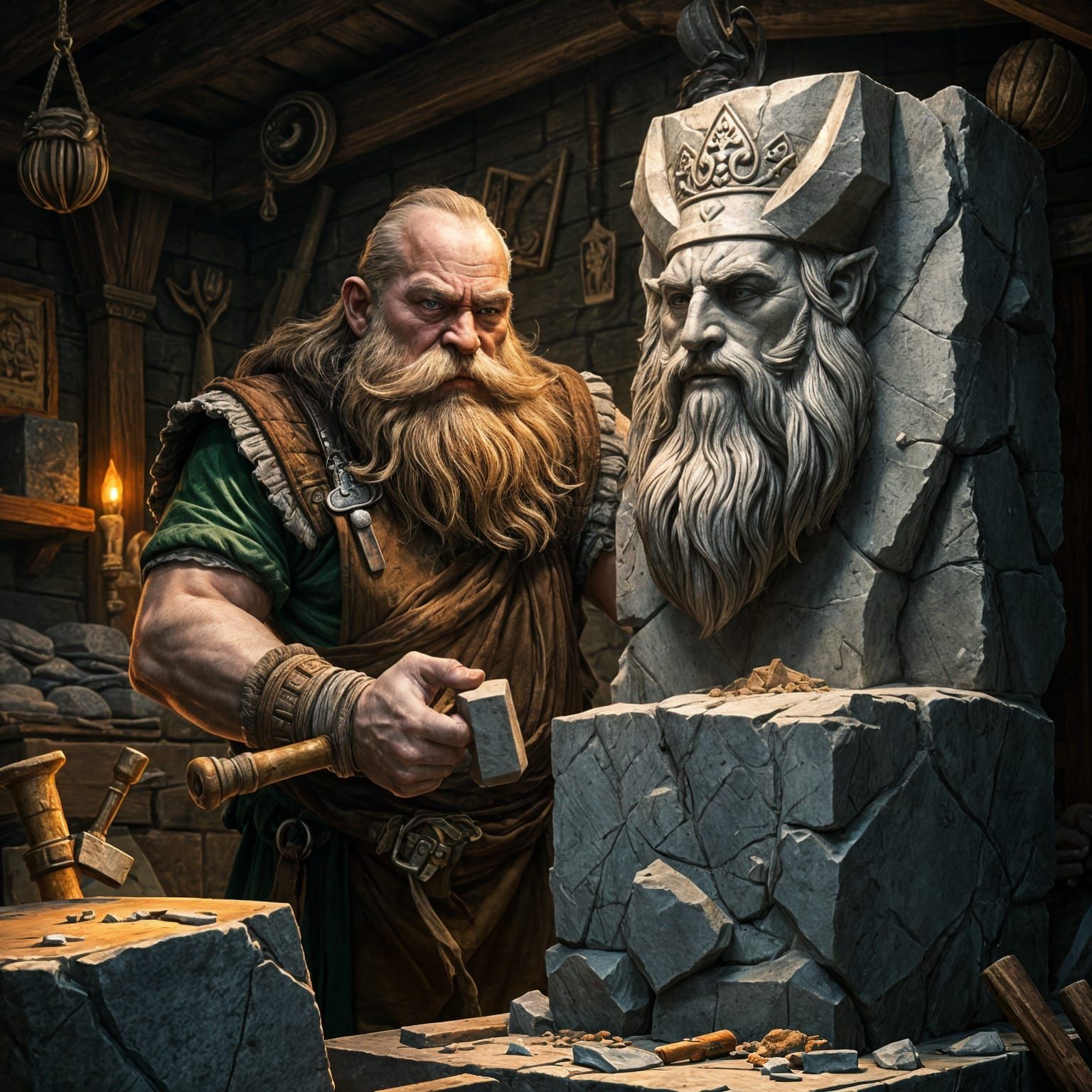 Dwarf Stonemason Carving King Bust in Workshop