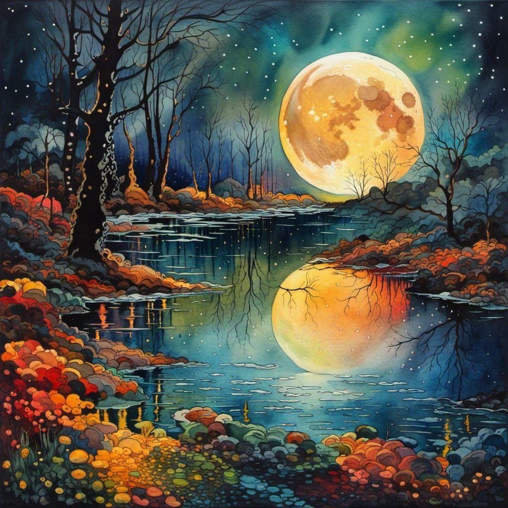 dark moody watercolor 🌕 moon reflections