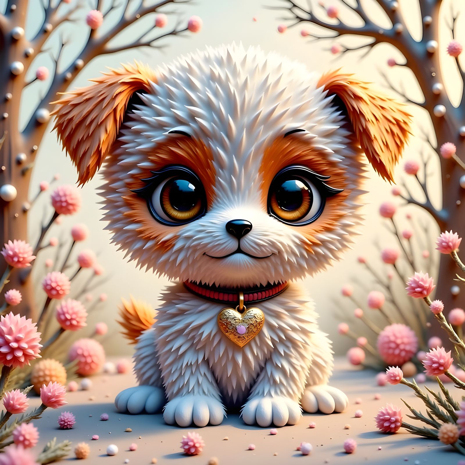 Whimsical Puppy with Textured Fur and Heart-Shaped Pendant