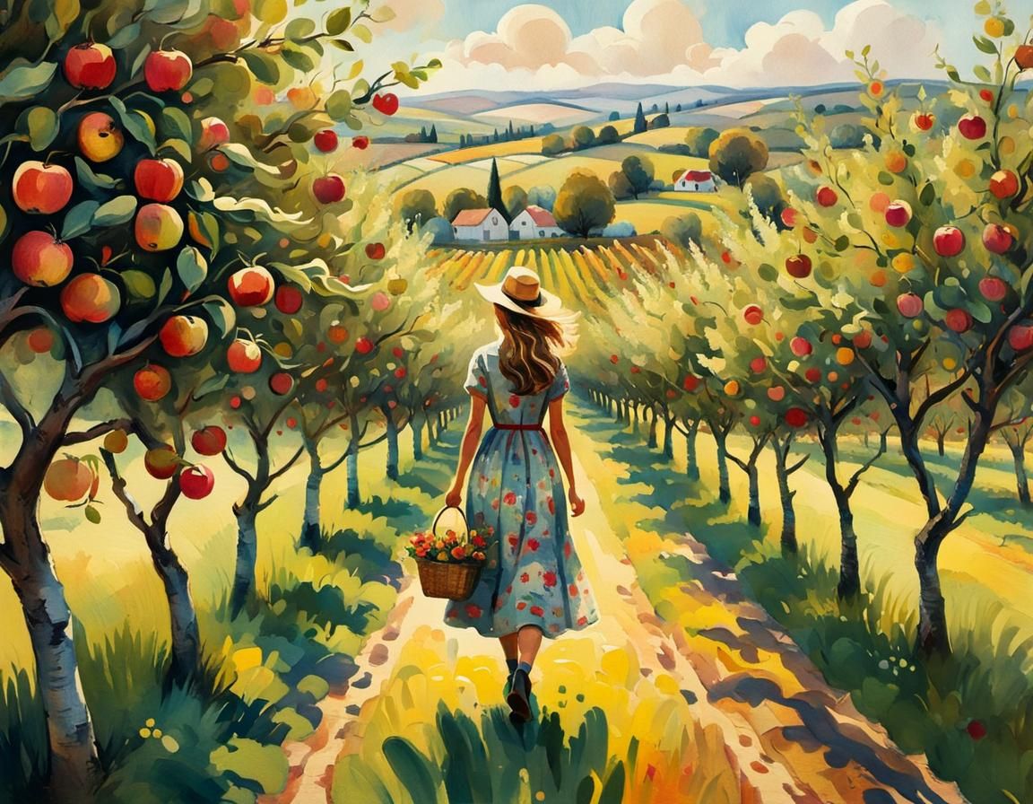 Autumn Orchard Scene in Watercolor and Ink