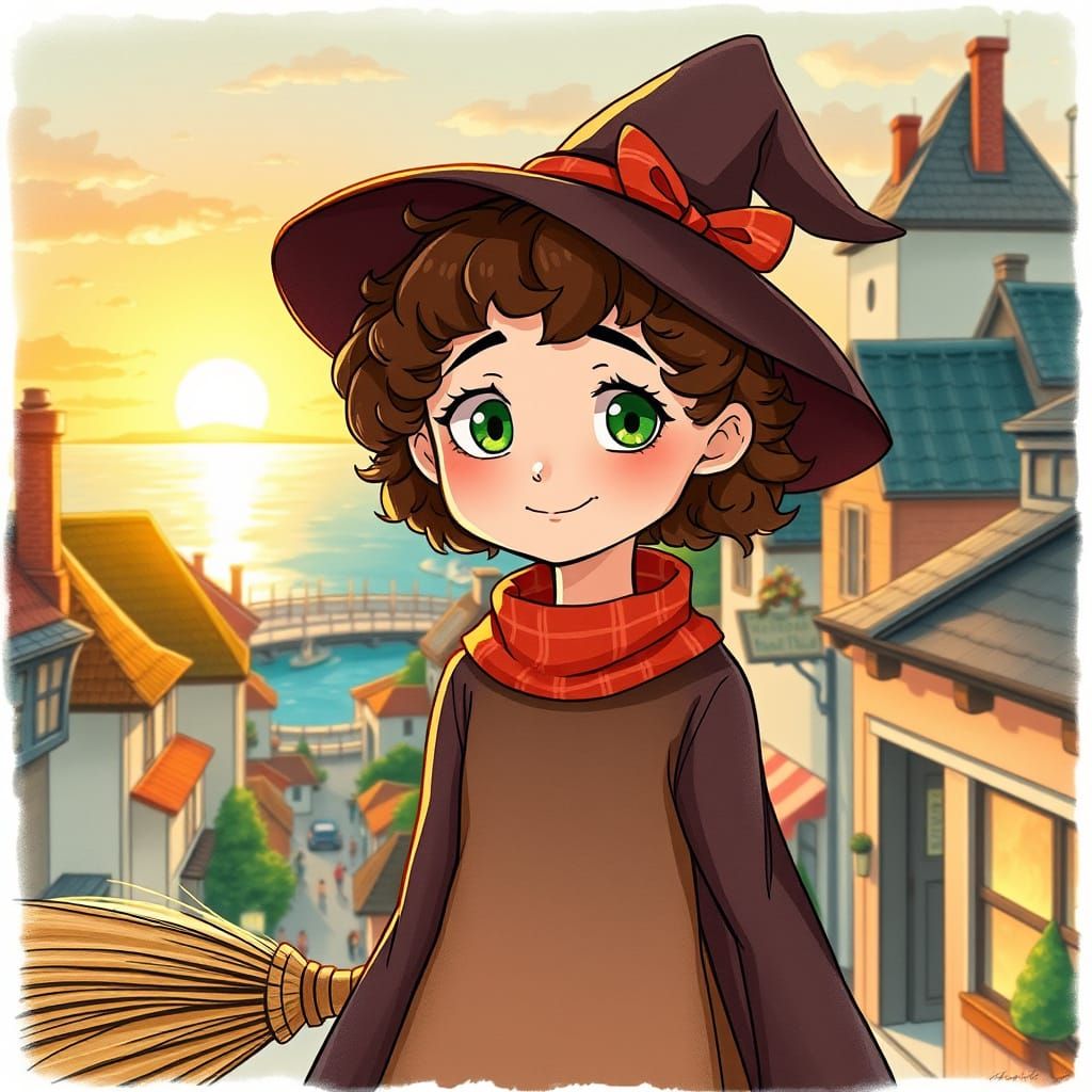 Young Witch Kiki Stands in Sunset Seaside Town
