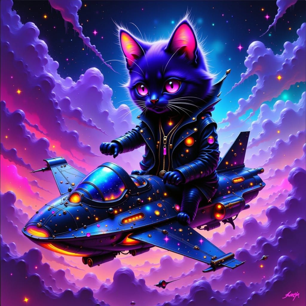 Cosmic Cat Pilot in Celestialpunk Spaceship